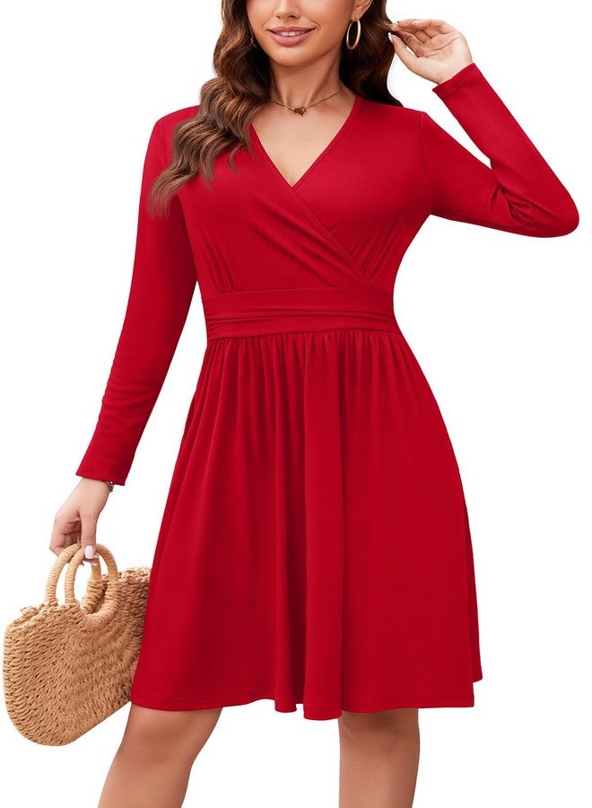 WEACZZY فستان خريفي طويل الأكمام بياقة على شكل حرف V من WEACZZY للنساء، مناسب لحفلات الكوكتيل وحفلات الزفاف، فستان أحمر شبه رسمي مع جيوب، أحمر، مقاس 3XL - Image 2